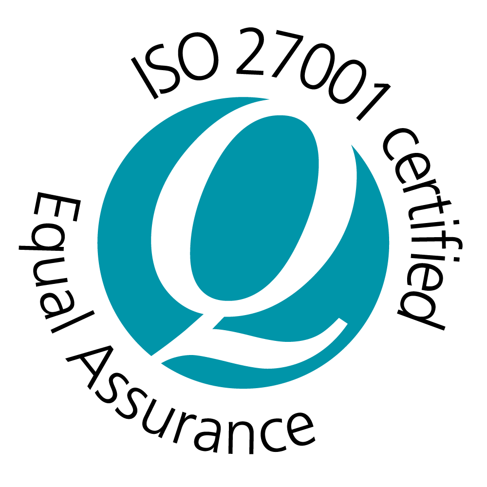 A teal Q logo with the text ISO 27001 certified Equal Assurance encircling it in black letters on a white background, perfect for a Footer or inspired by the calm tones of the Green River.