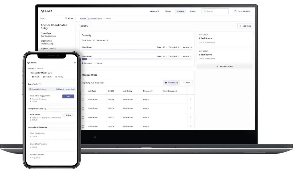Screenshot of Open Path’s HMIS Coordinated Entry solution showing unit management and client engagement tools on laptop and mobile devices, highlighting capacity tracking and referral workflows.