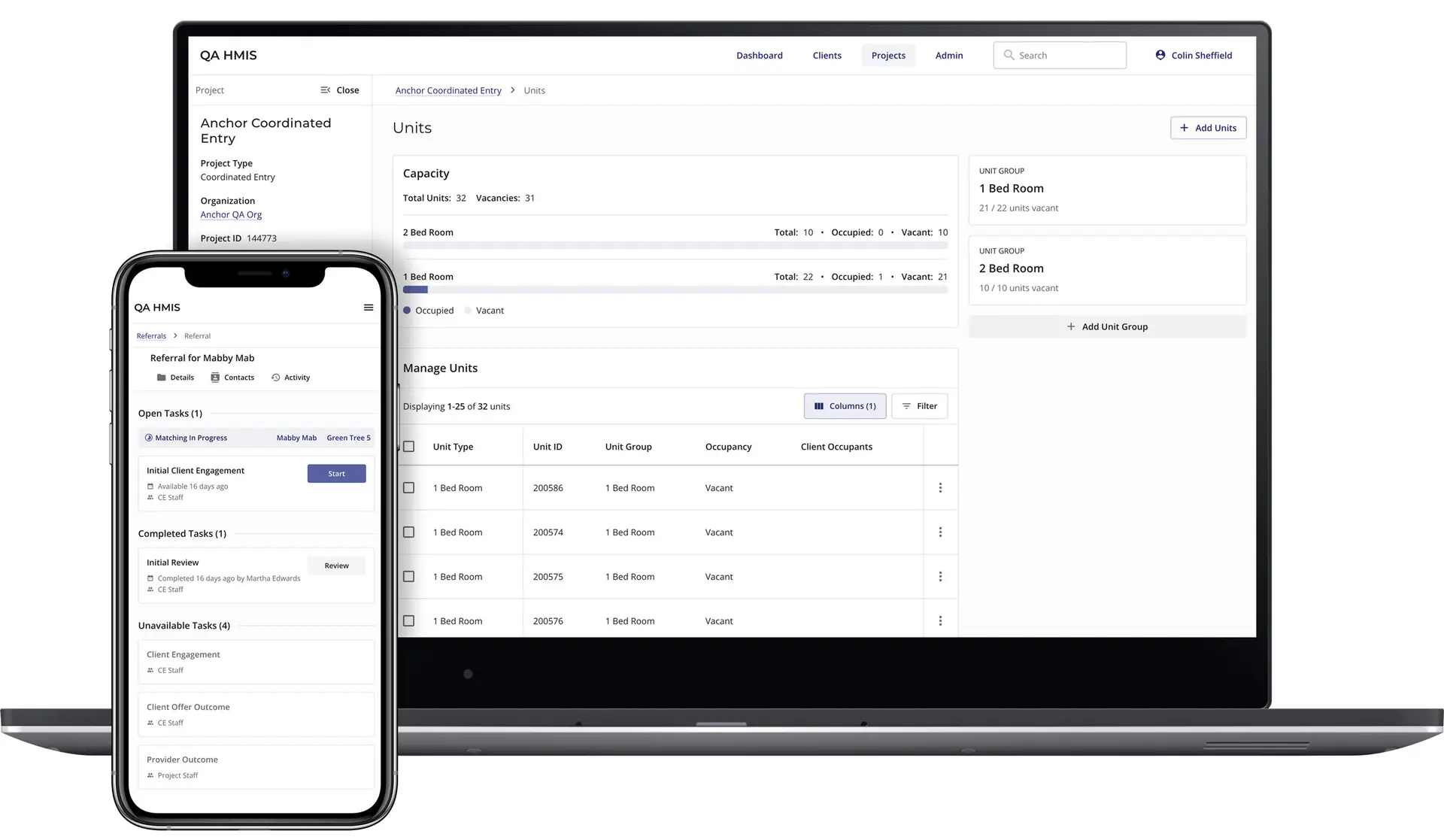Screenshot of Open Path’s HMIS Coordinated Entry solution showing unit management and client engagement tools on laptop and mobile devices, highlighting capacity tracking and referral workflows.