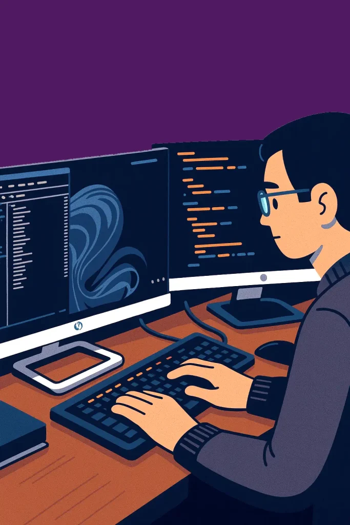 An illustration of a person wearing glasses typing on a keyboard at a desk, focused on software engineering, with two monitors displaying code and a swirling abstract design, plus a mouse and closed laptop nearby.