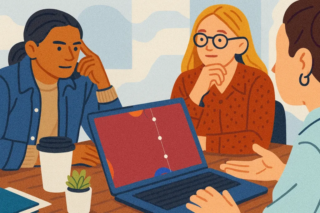 Three people sit around a table with a laptop, coffee cups, and a small plant, engaged in discussion. The laptop screen displays a colorful software engineering chart or graph.