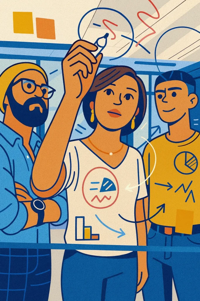 Three people stand together as one woman sketches colorful graphs and arrows on a transparent board. The group looks focused and collaborative, suggesting teamwork and brainstorming in a software engineering environment.