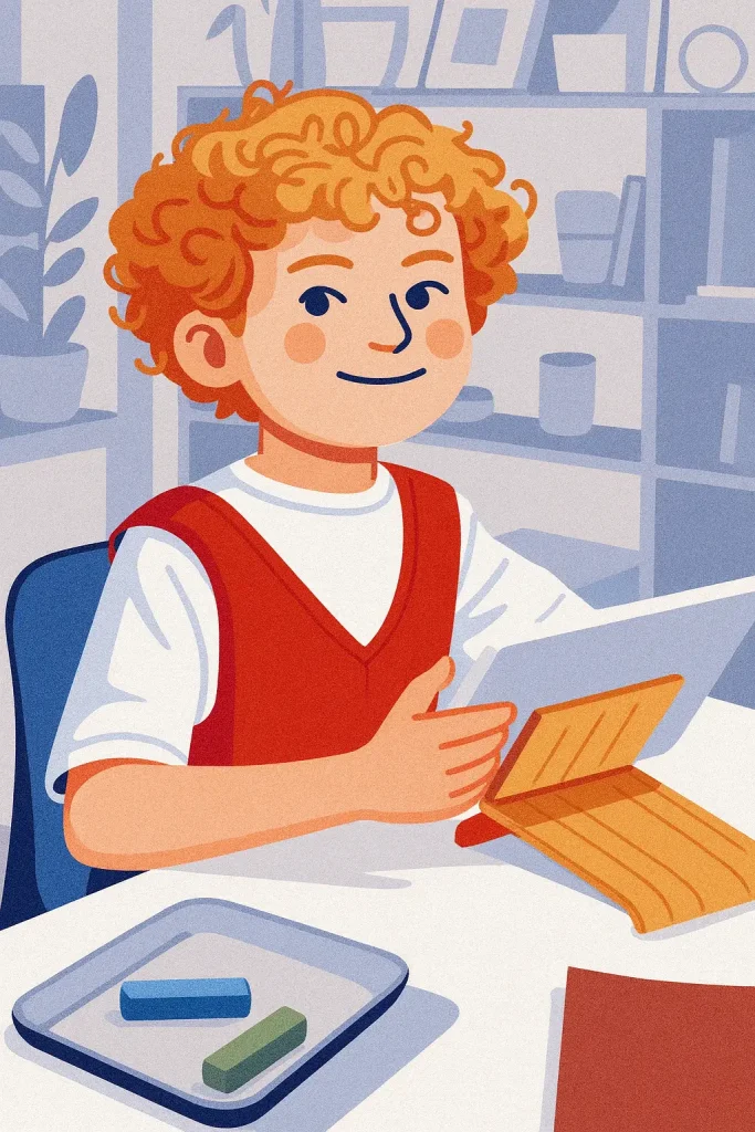A smiling child with curly hair sits at a table using a tablet in a bright room, making a positive social impact. Colorful chalk and an orange tablet cover are on the table, with bookcases and a plant in the background.