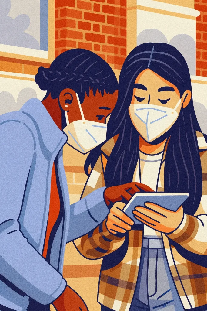 Two people wearing face masks look at a tablet together outdoors, discussing its social impact. Dressed in casual clothes, they stand in front of a brick building as one points at the screen.