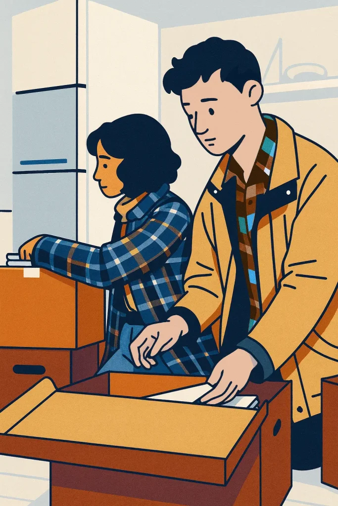 An illustration of two people unpacking cardboard boxes in a room. Both are wearing plaid shirts and jackets, focusing on their tasks and the social impact of organizing donated goods. Shelves are visible in the background.
