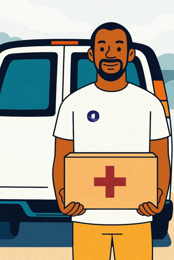 A man stands in front of a van, smiling and holding a box with a red cross symbol, highlighting the social impact of delivering essential medical supplies.