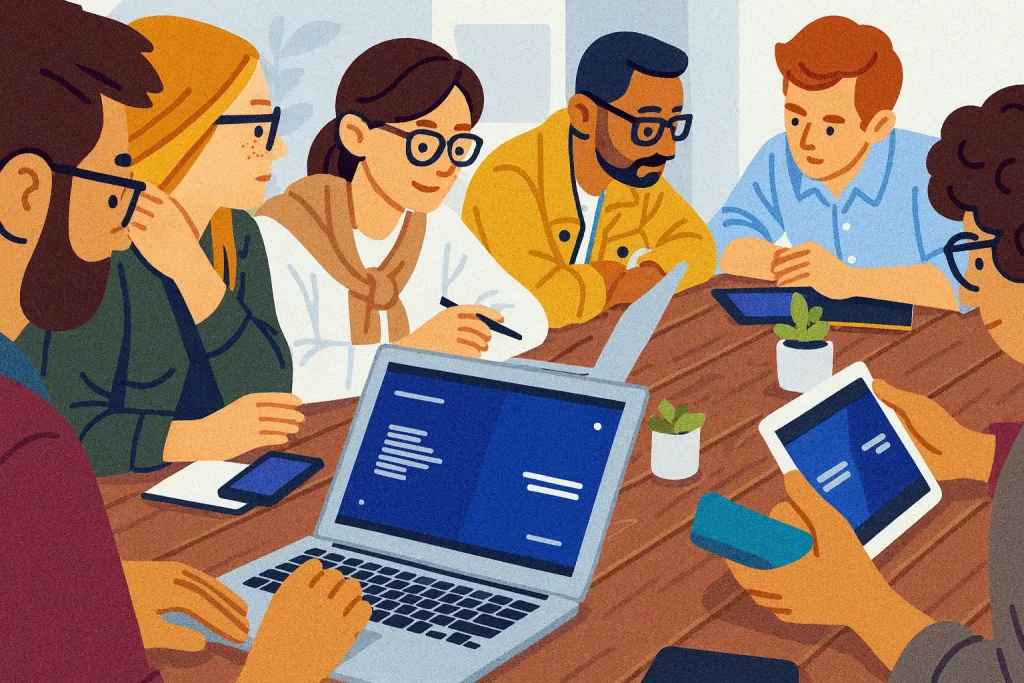 Six people sit around a table with laptops, tablets, and phones, engaged in a lively discussion. The scene is bright and collaborative, with small potted plants on the table reflecting green river strength and notes visible on electronic devices.