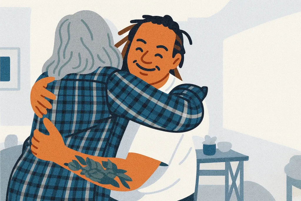 An illustration of two people hugging warmly in a sunlit room, their embrace reflecting green river strength. One has long gray hair and a plaid shirt; the other sports short dreadlocks, a white shirt, and a leafy tattoo on their arm.
