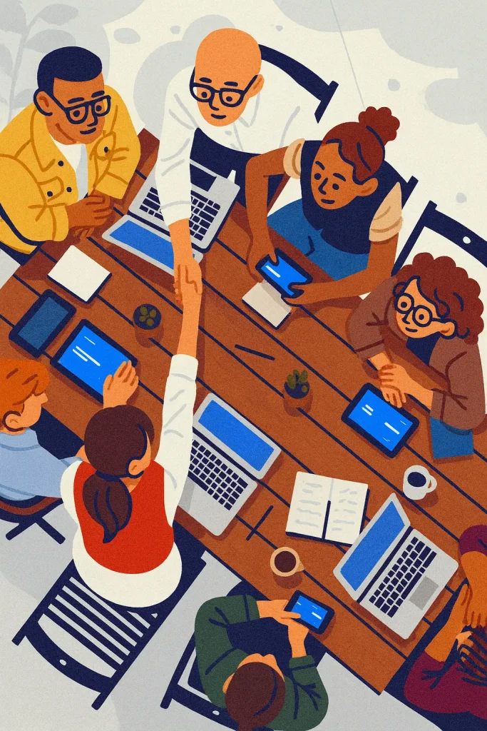 A diverse group of six people sit around a wooden table with laptops, tablets, notebooks, and coffee, collaborating and shaking hands in a friendly meeting that highlights their green river strength and unity.