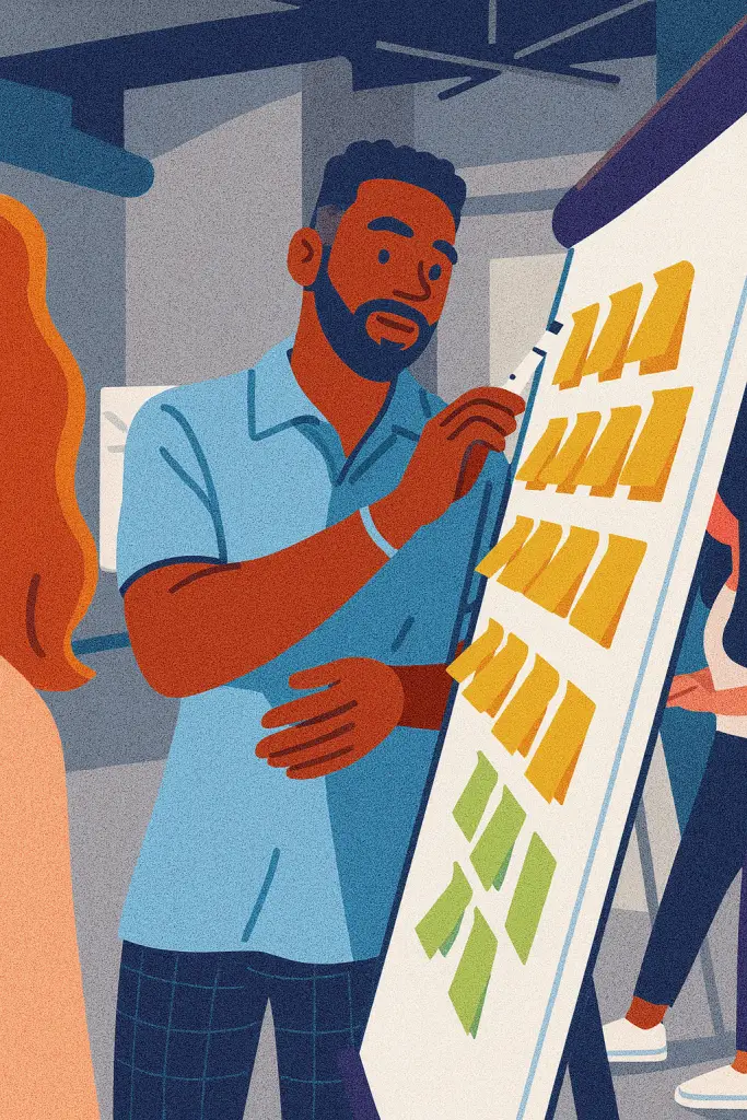 An illustrated man, engaged in a software engineering meeting, places sticky notes on a large easel pad while team members observe in a modern office setting.