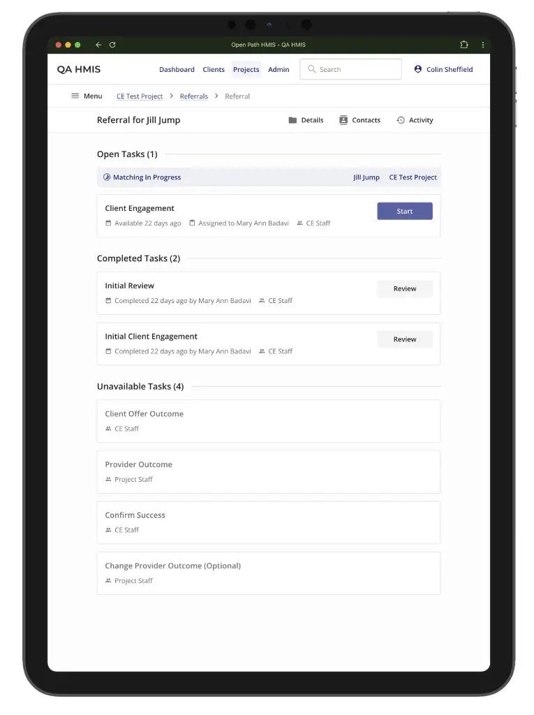A tablet displays a referral management screen with open, completed, and unavailable tasks for a client, including buttons for starting and reviewing tasks within a coordinated entry project management system.
