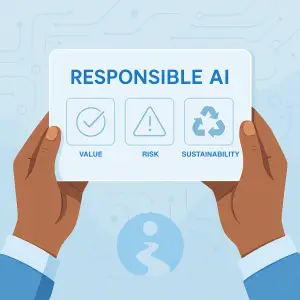 Two hands hold a sign reading RESPONSIBLE AI with icons and words for Value (checkmark), Risk (warning triangle), and Sustainability (recycle symbol) against a tech-themed blue background.