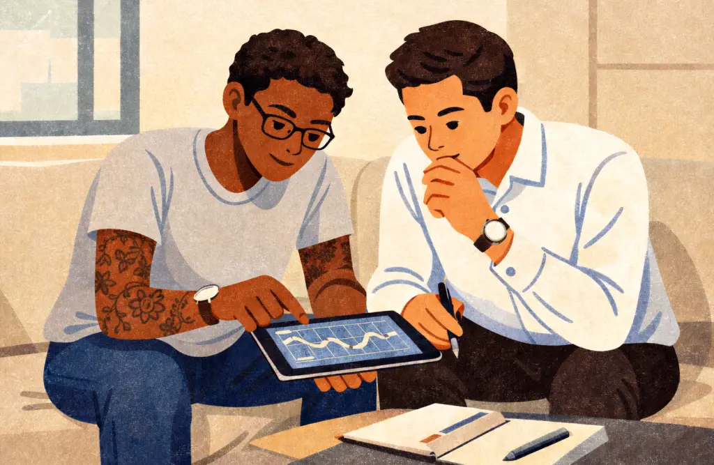 Two people sit on a couch discussing technology solutions on a tablet displaying a line graph. One, with glasses and tattoos, points at the screen as the other, in a white shirt, listens closely with notes—an ideal scene for Green River nonprofit organizations.