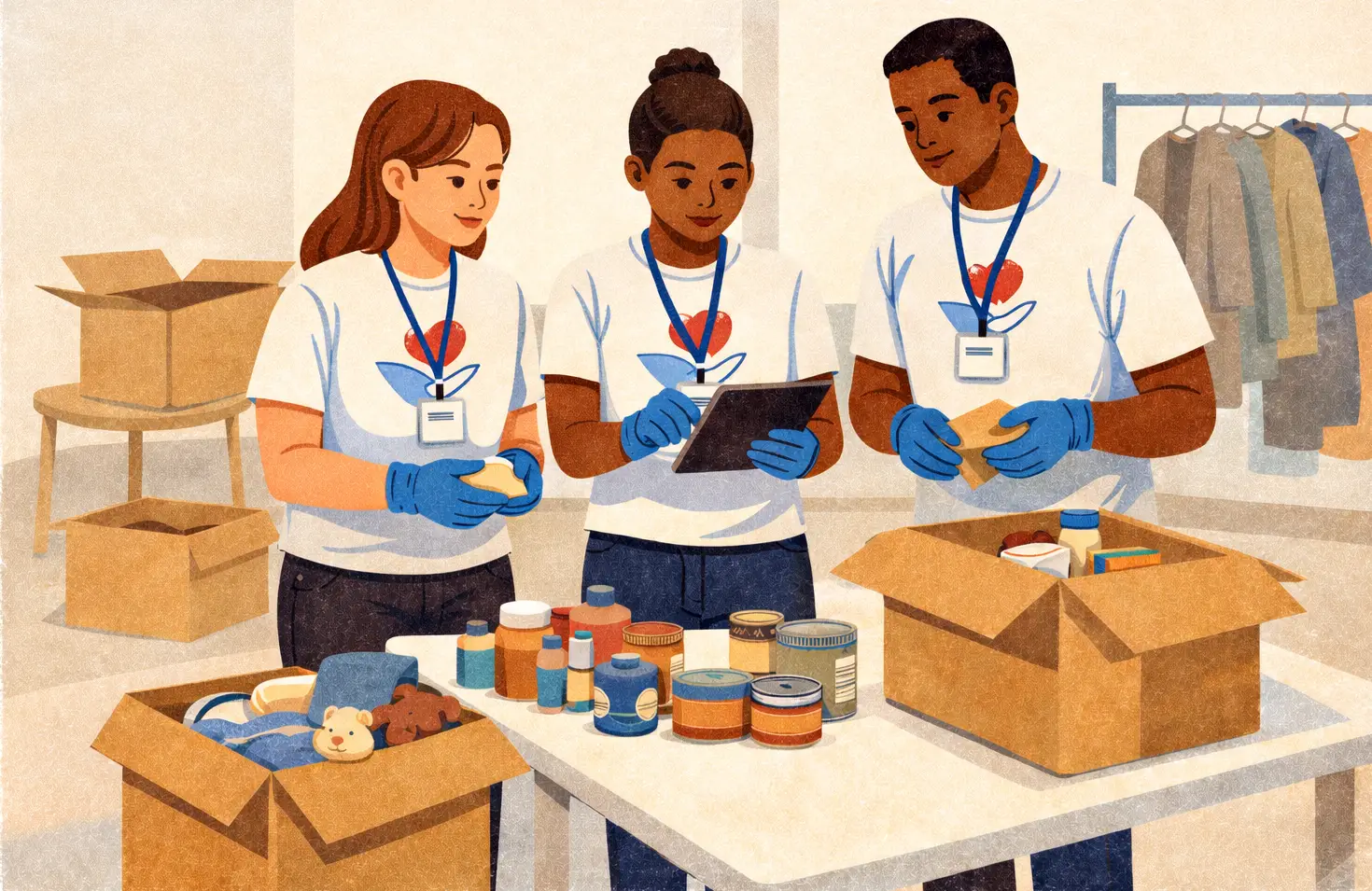 Three volunteers with a heart logo on their shirts sort food and supplies into boxes, using technology solutions like a tablet. Canned goods, a stuffed toy, and clothing racks fill the scene—reflecting the impact of nonprofit organizations in Green River.