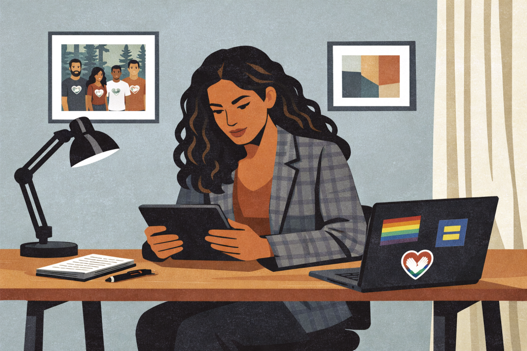 A woman with long curly hair sits at a desk using a tablet, exploring technology solutions. A laptop with LGBTQ+ stickers, a notepad, and a lamp are on the desk. Framed photos and art hang on the wall behind her.