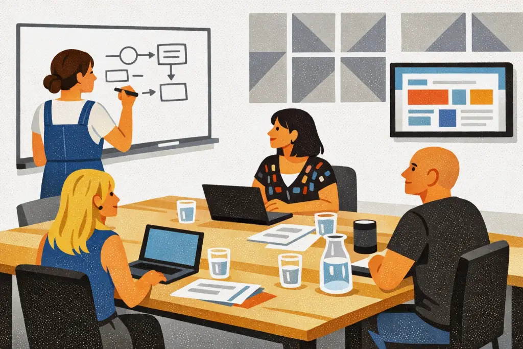 Four people sit around a table with laptops and papers, while one woman stands at a whiteboard drawing a flowchart. Colorful blocks and geometric art decorate the space, reflecting creative technology solutions for nonprofit organizations.