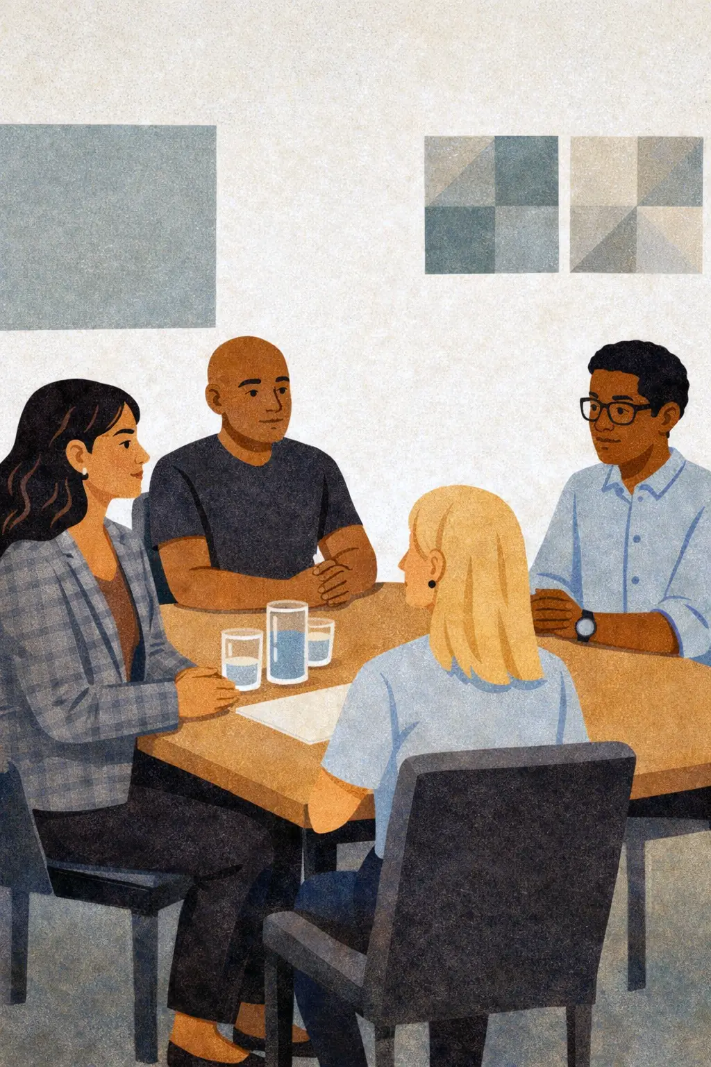 Four people sit around a table in a meeting room, engaged in discussion about technology solutions. Glasses of water rest on the table and abstract artwork decorates the walls in the background.