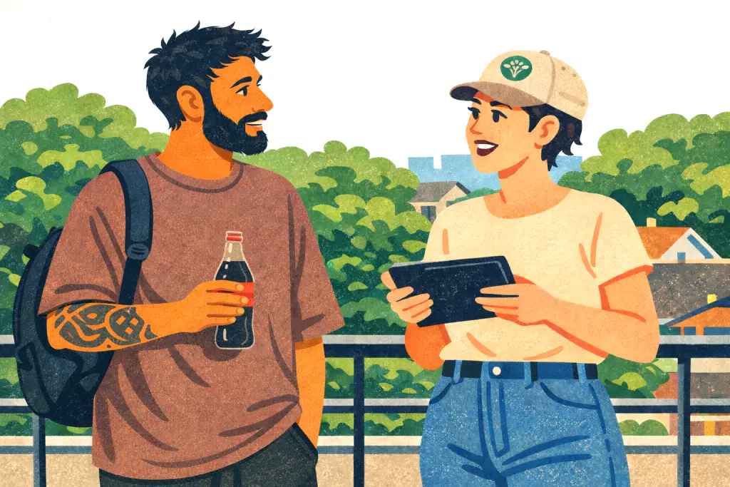 A man with a beard and tattoo holds a soda bottle while talking to a smiling woman in a cap holding a tablet. They stand outdoors near Green River, discussing technology solutions with trees and rooftops in the background.