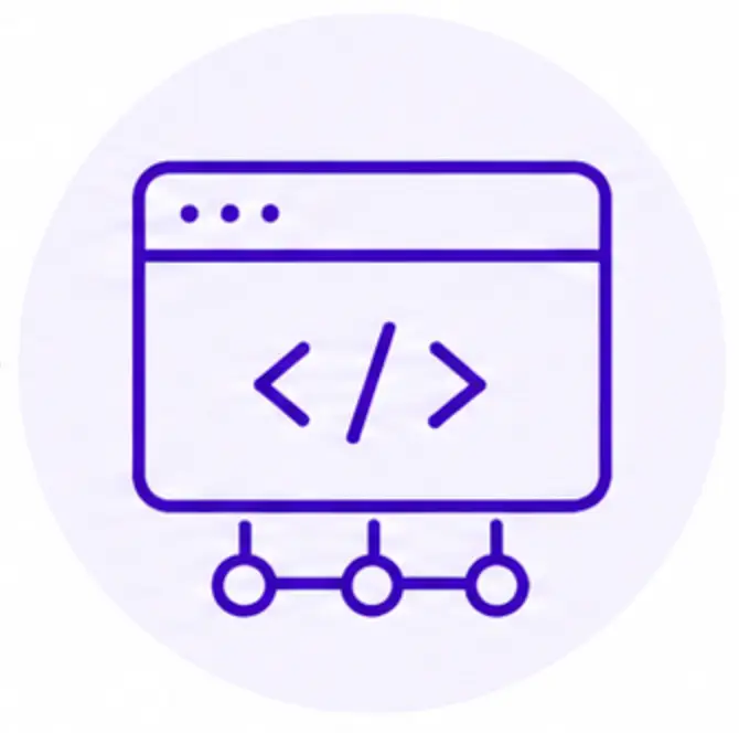 A purple line drawing of a web browser window with a code symbol (“< >”) in the center and three connected dots below, representing coding or web development for Community-Based Organizations.