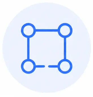 A blue outline of a square with a circle at each corner, connected by lines, centered on a light blue circular background—representing the network of community-based organizations working together.