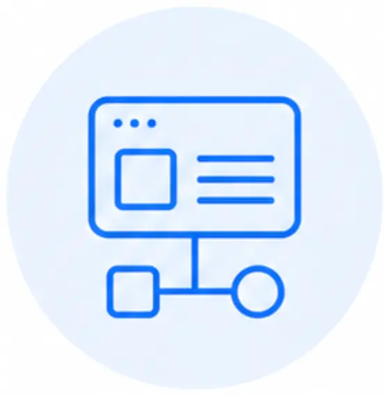 Blue line icon of a web browser window connected to a square and circle, symbolizing digital workflow or website structure for Direct Service Organizations, on a light blue circular background.