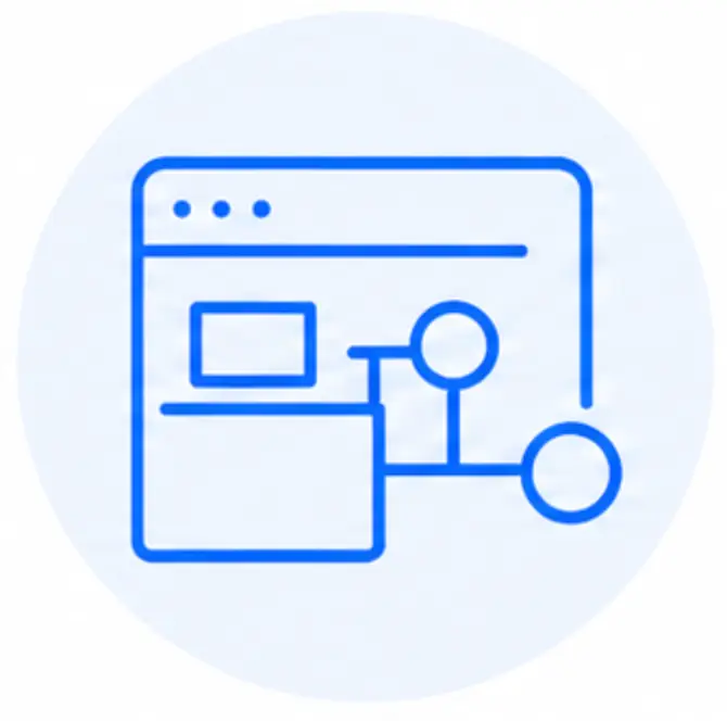 Blue line icon of a web browser window with connected nodes and rectangles, symbolizing the website structure or workflow of Direct Service Organizations or Community-Based Organizations, on a light circular background.
