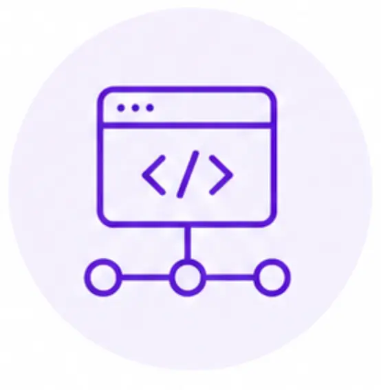 A purple line drawing of a web browser window with a code symbol inside, connected to three circles below, representing community-based organizations, all on a light purple circular background.