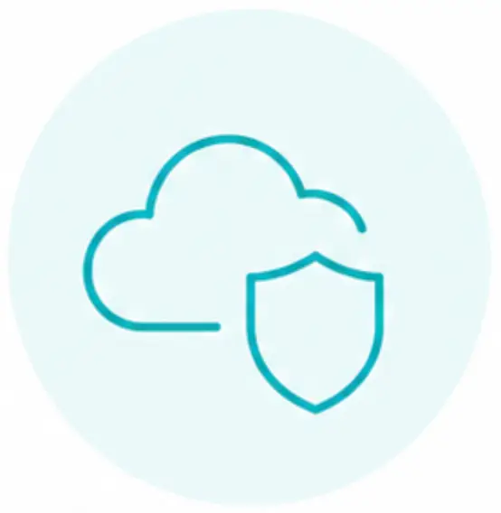 Blue line drawing of a cloud with a shield in front, inside a light blue circle, symbolizing secure cloud storage for Community-Based Organizations or protected data for Direct Service Organizations.