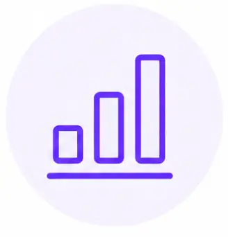 A purple icon of a bar chart with three vertical bars of increasing height on a light circular background, representing growth often tracked by Community-Based Organizations.