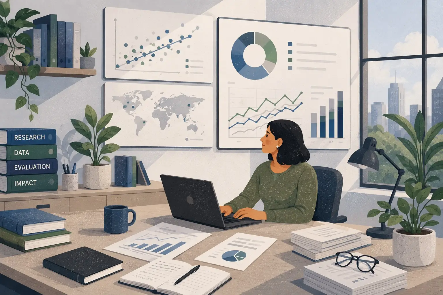 A woman sits at a desk with a laptop, surrounded by paperwork and plants. Graphs and charts highlighting impact organizations are displayed on the wall. Sunlight streams through a window with a city view. The scene is tidy and focused on research and data analysis.