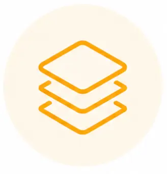 Three orange, outlined, overlapping squares are stacked vertically in the center of a light beige circular background, symbolizing the layered support often provided by Community-Based Organizations.