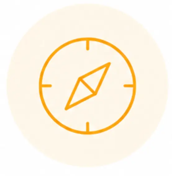 Simple orange compass icon with a pointed needle, centered on a light circular background—ideal for community-based organizations and direct service organizations seeking clear direction.