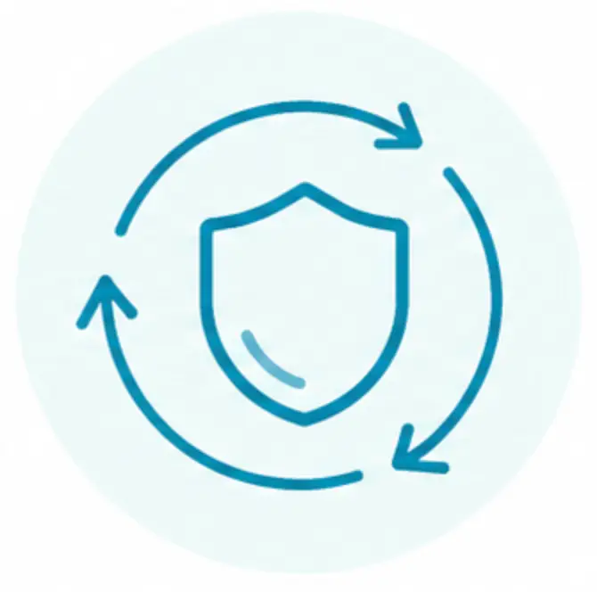A simple blue outline of a shield surrounded by two circular arrows, symbolizing protection, security, or continuous safety for community-based organizations. The icon is set against a light blue circular background.