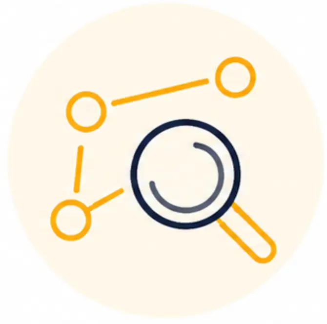 A magnifying glass overlays three connected yellow circles, representing analysis or examination of data or connections within Community-Based Organizations.